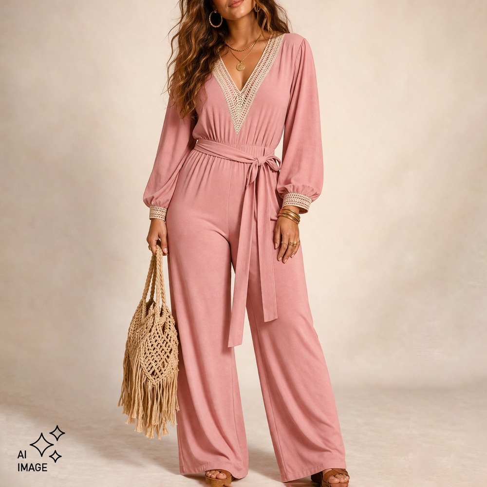 VTG 70s Pastel‎ Pink Crochet Trim Wide Leg Belted Jumpsuit Womens L/XL Retro